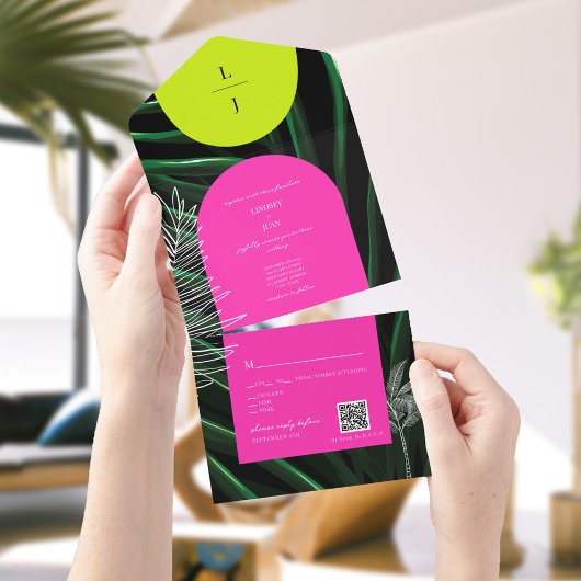 Tropische Neon Arches Palm Tree Monogram QR Bruilo All In One Uitnodiging