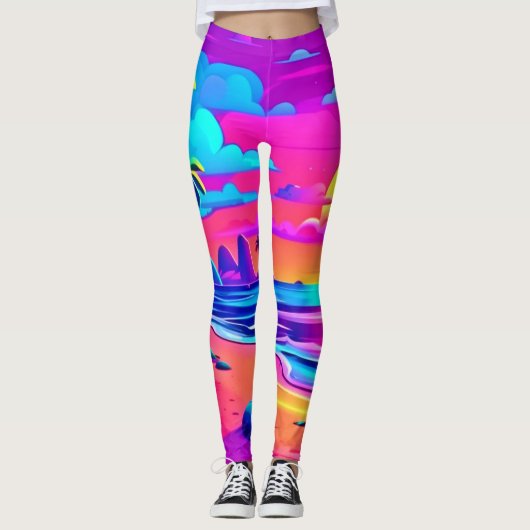 Tropische Neon Beach Sunset Art Leggings (Voorkant)