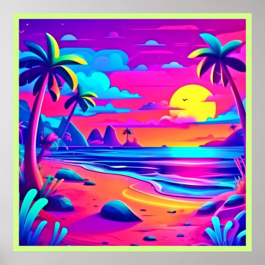 Tropische Neon Beach Sunset Art Poster (Voorkant)