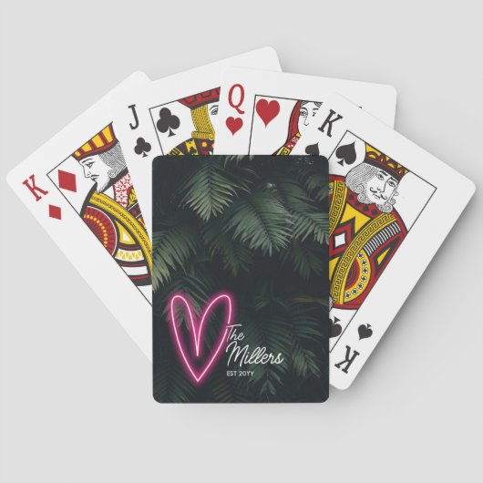 Tropische Neon hart achternaam bruiloft gunst Pokerkaarten (Achterkant)