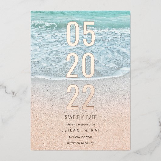 Tropische oceaan en zandstrand sparen de Datum Fol Folie Uitnodiging (Voorkant)