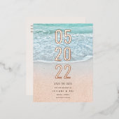 Tropische oceaan en zandstrand sparen de Datum Folie Uitnodiging Briefkaart (Voorkant / Achterkant)
