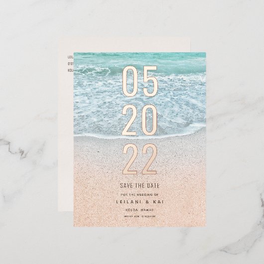 Tropische oceaan en zandstrand sparen de Datum Folie Uitnodiging Briefkaart (Voorkant / Achterkant)
