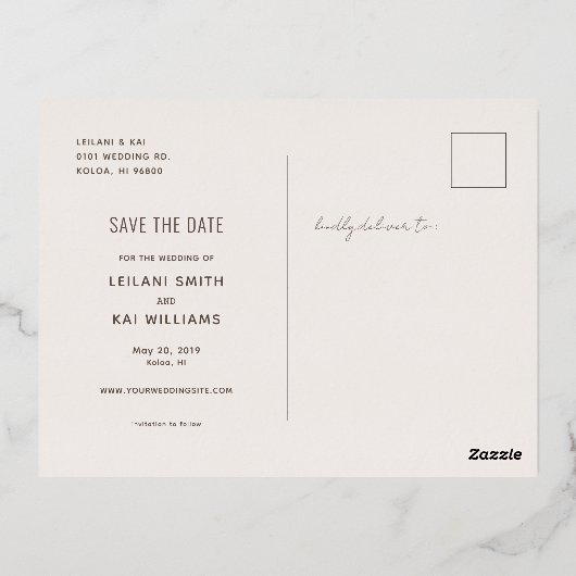 Tropische oceaan en zandstrand sparen de Datum Folie Uitnodiging Briefkaart (Achterkant)