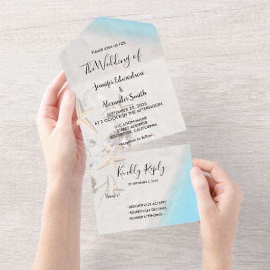 Tropische oceaan strand bruiloft all in one uitnodiging (Afscheurbaar)