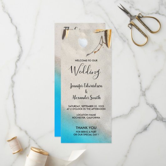 Tropische oceaan zandstrand zeesterren bruiloft programma (Voorkant / Achterkant in situ)