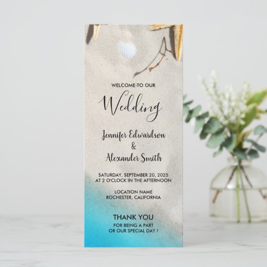 Tropische oceaan zandstrand zeesterren bruiloft programma (Staand voorkant)