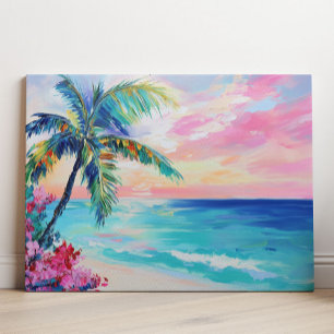 Tropische oceaan zonsondergang kunst, palmboom canvas afdruk