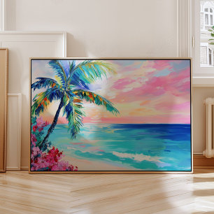 Tropische Oceaan Zonsondergang Kunst, Palmboom Poster