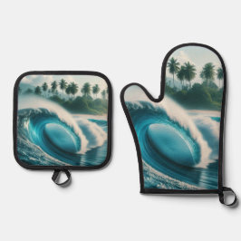 Tropische oceaangolf Crescendo Palmbomen Ovenwant & Pannenlap Set