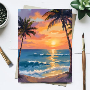 Tropische oceanzonsondergang palmboom aquarel briefkaart