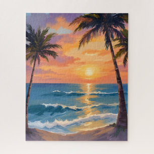 Tropische oceanzonsondergang Palmenboom Aquarel Legpuzzel