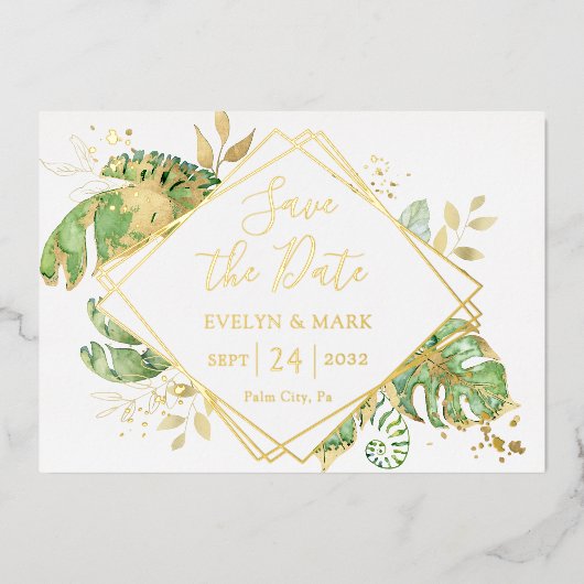 Tropische oliefolie met goudolie Bewaar datum Folie Uitnodiging (Voorkant)