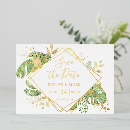 Tropische oliefolie met goudolie Bewaar datum Folie Uitnodiging (Staand Voorkant)