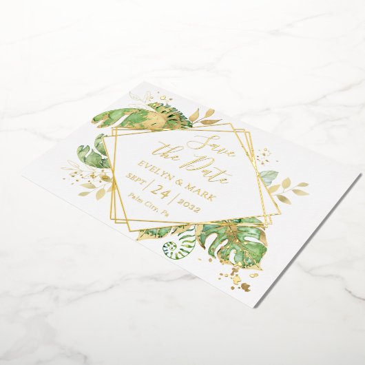 Tropische oliefolie met goudolie Bewaar datum Folie Uitnodiging (Gedraaid)