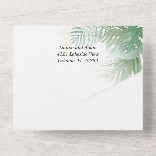 Tropische olievlekken groene Waterverf bruiloft All In One Uitnodiging (Achterkant)