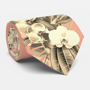 Tropische orchidee en palmblad perzik Hawaiiaanse Stropdas