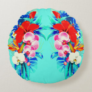 Tropische orchidee palm monstera floral blauwgroen rond kussen