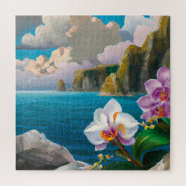Tropische orchideeën, oceanen, kliffen en wolken legpuzzel
