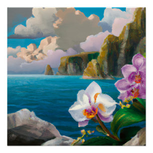 Tropische orchideeën, oceanen, kliffen en wolken perfect poster