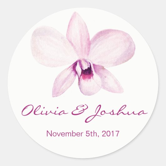 Tropische Paarse Orchidee Waterverf Bruiloft Ronde Sticker (Voorkant)