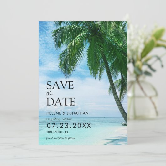 Tropische Palm Beach Bestemming Bruiloft Save The Date (Staand voorkant)