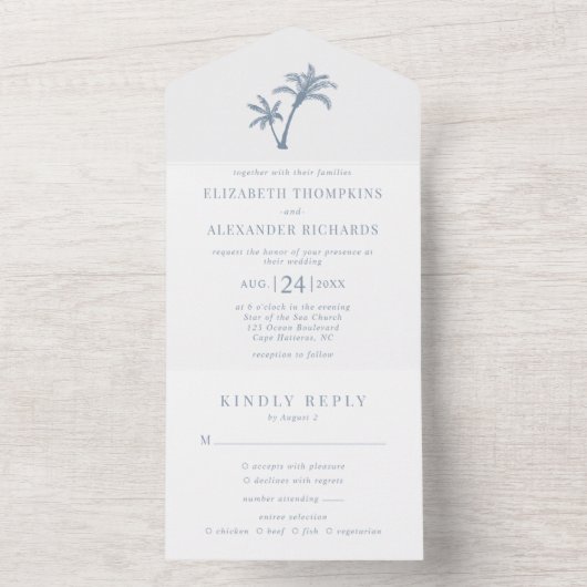 Tropische Palm Beach Bruiloft Dusty Blue All In One Uitnodiging (Binnen)