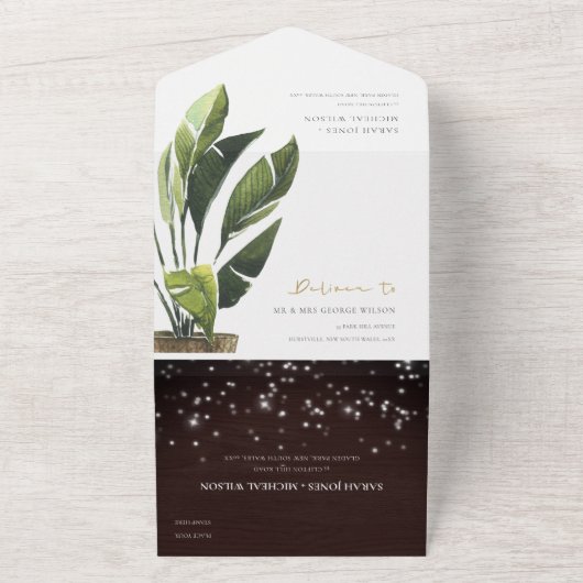 TROPISCHE PALM BLADEERIGE SLINGERLICHTEN TROUW ALL IN ONE UITNODIGING (Buitenkant)