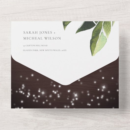 TROPISCHE PALM BLADEERIGE SLINGERLICHTEN TROUW ALL IN ONE UITNODIGING (Achterkant)