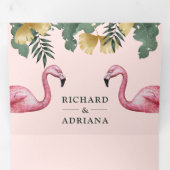 Tropische Palm Blush Roze Flamingo Paar Huwelijk Drieluik Uitnodiging (Binnenzijde eerst)
