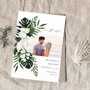 Tropische palm en witte flora sla de Datum foto op Save The Date