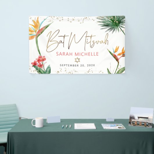 Tropische Palm Leaf Bat Mitzvah Gold Script Welkom Spandoek (Beurs)