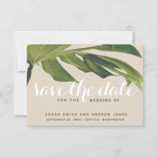 Tropische palm Leaf Green en Tan Save the Date