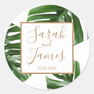Tropische Palm Leaf groen roos gouden bruiloft sti Ronde Sticker