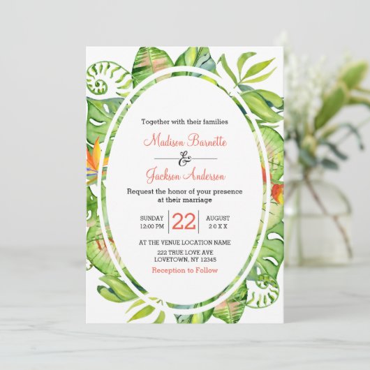 Tropische Palm Leaf krans bruiloft uitnodiging (Staand voorkant)