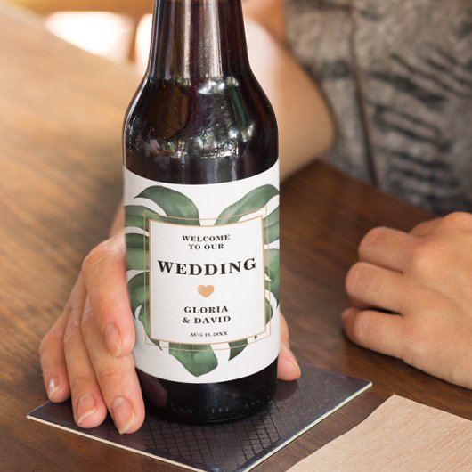 Tropische Palm Leaf Monstera bruiloft Bier Etiket