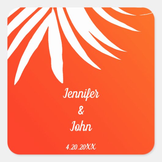 Tropische Palm Leaf Sunset Sinaasappel Strand Wedd Vierkante Sticker (Voorkant)