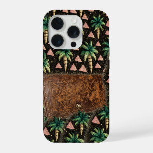 Tropische Palm & Leren Portemonnee Patroon iPhone 15 Pro Hoesje