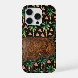 Tropische Palm & Leren Portemonnee Patroon iPhone 15 Pro Hoesje