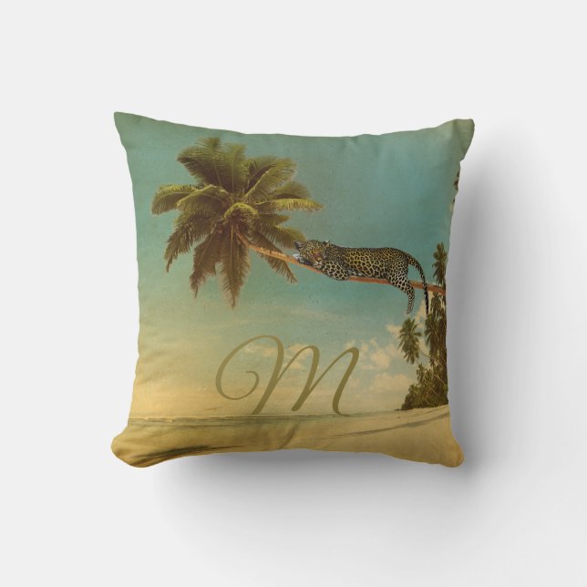 Tropische palm Lopard  Elegant Monogram Kussen (Voorkant)