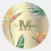 Tropische palm Modern Monogram Script Gold Foil Ronde Sticker (Voorkant)