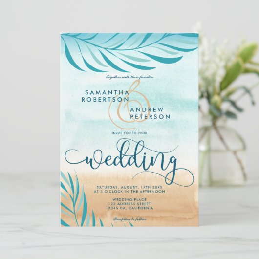 Tropische palm strand chique bruiloft script kaart (Staand voorkant)