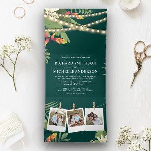 Tropische Palm String Lights Foto Collage Bruiloft Drieluik Uitnodiging