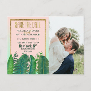 Tropische Palm Tree Banana Leaf Gold Save the Date Briefkaart