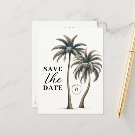 Tropische Palm Tree Kustbruiloft Save the Date Aankondigingskaart (Voorkant / Achterkant in situ)