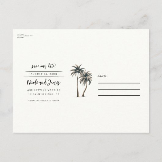 Tropische Palm Tree Kustbruiloft Save the Date Aankondigingskaart (Achterkant)