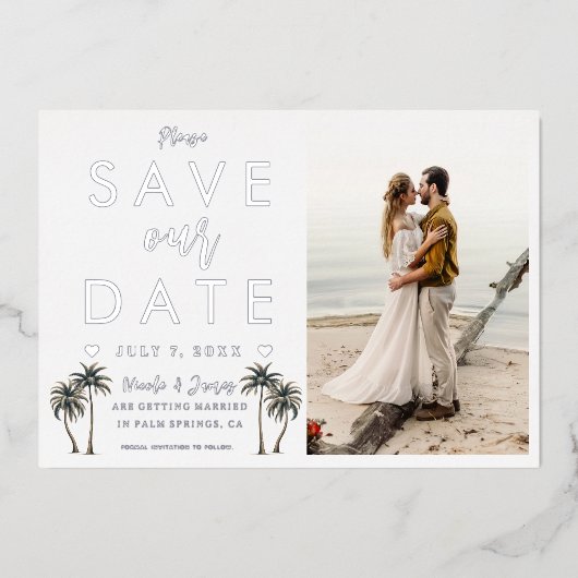 Tropische Palm Tree Kustbruiloft Save the Date Folie Uitnodiging (Voorkant)