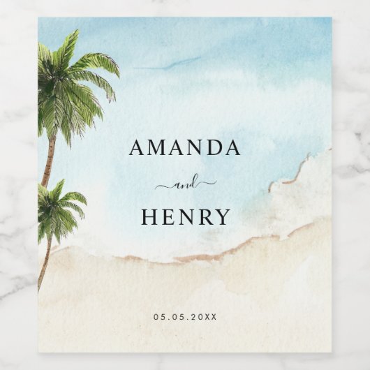 Tropische Palm Trees Zand Strand Bestemming Bruilo Wijn Etiket (Enkel label)