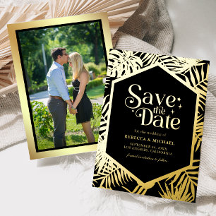 Tropische Palm Trouwfoto Save the Date Goud Folie Uitnodiging