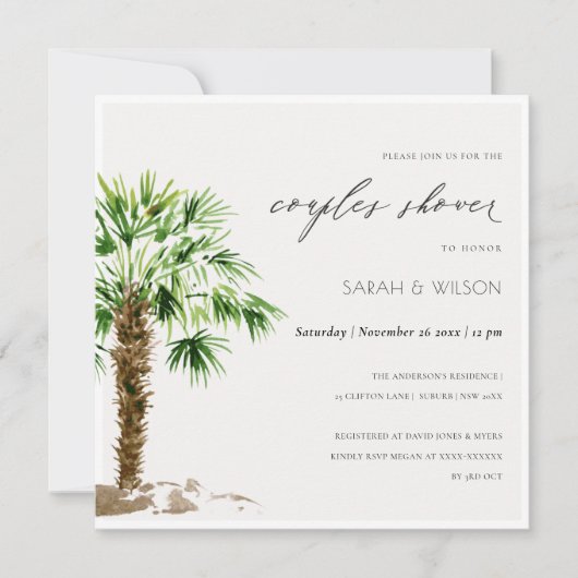 Tropische palm Waterverf Couples Shower Invite Bedankkaart (Voorkant)